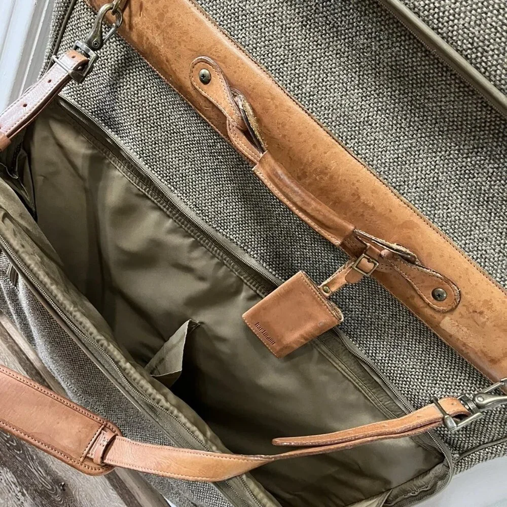 EUC Hartmann Vintage 80s Brown Tweed Garment Bag Leather Trim Travel Luggage